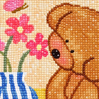 Close-up diamond drill detail of the bear, pink flowers, and striped vase
