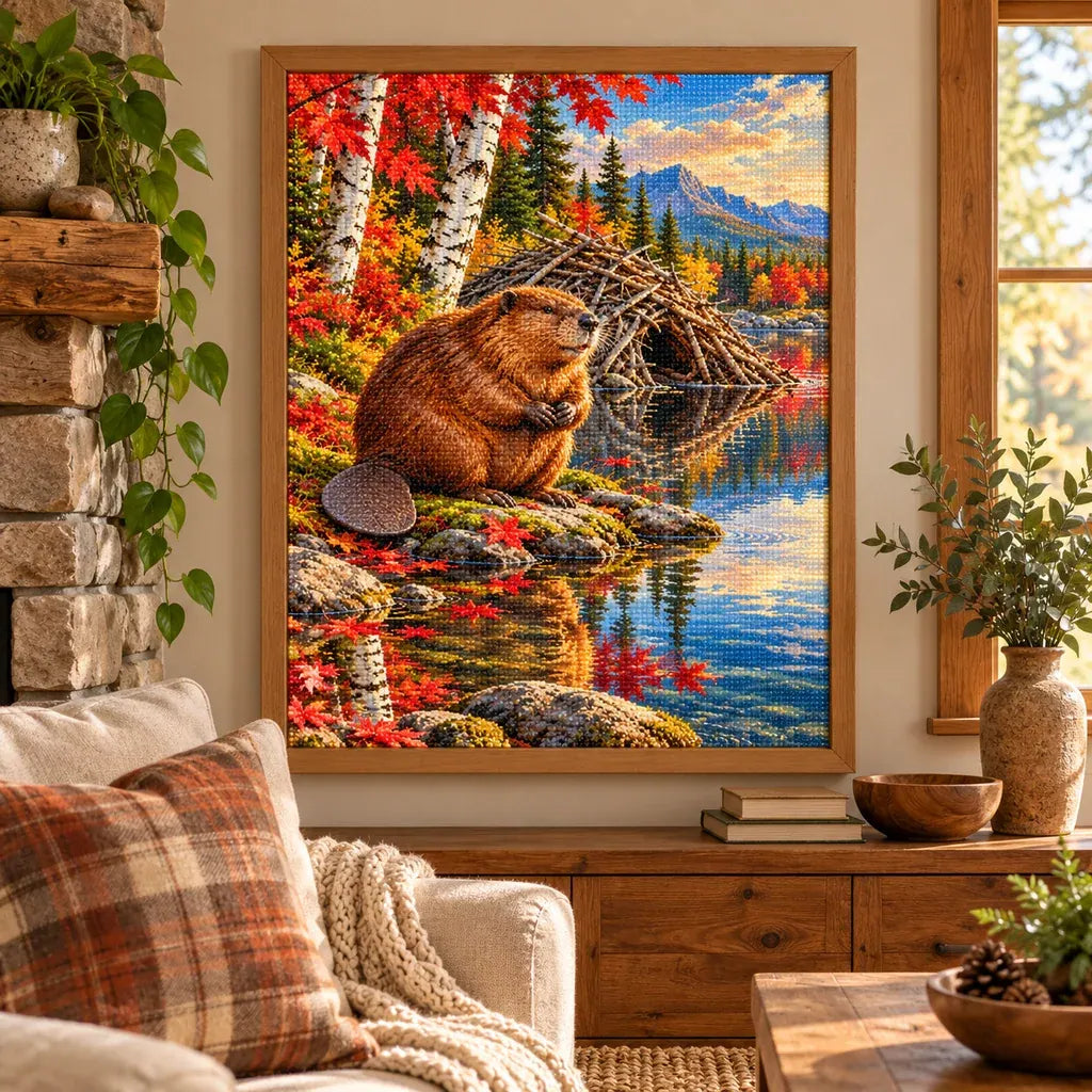 Framed Beaver River diamond painting displayed as home decor.