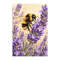 Original artwork of a bumblebee hovering among purple lavender blooms on a white background