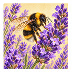Finished diamond painting of a bumblebee among lavender blooms on a light background