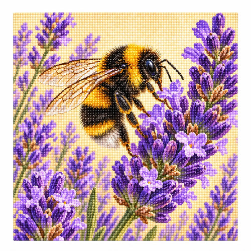 Finished diamond painting of a bumblebee among lavender blooms on a light background