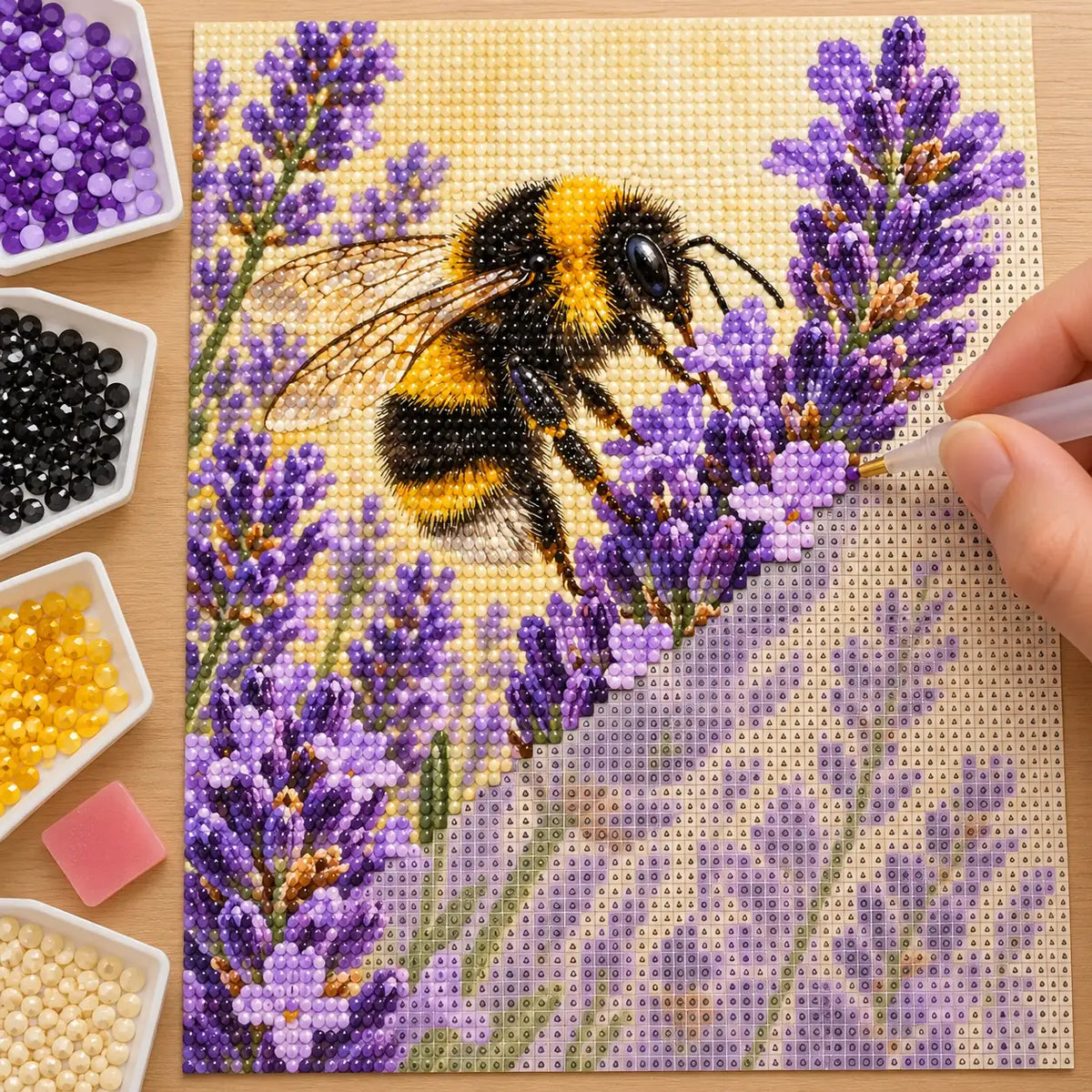 Hand placing drills on the bumblebee and lavender diamond painting canvas