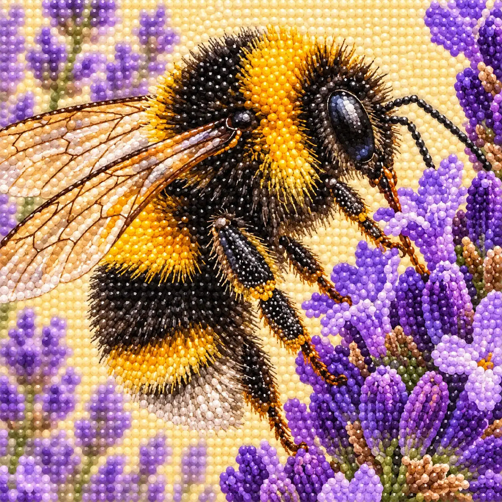 Close-up of sparkling drills on the bumblebee and purple lavender design