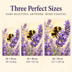 Bumblebee among lavender diamond painting shown in 20 by 30, 30 by 40, and 40 by 50 centimeter sizes