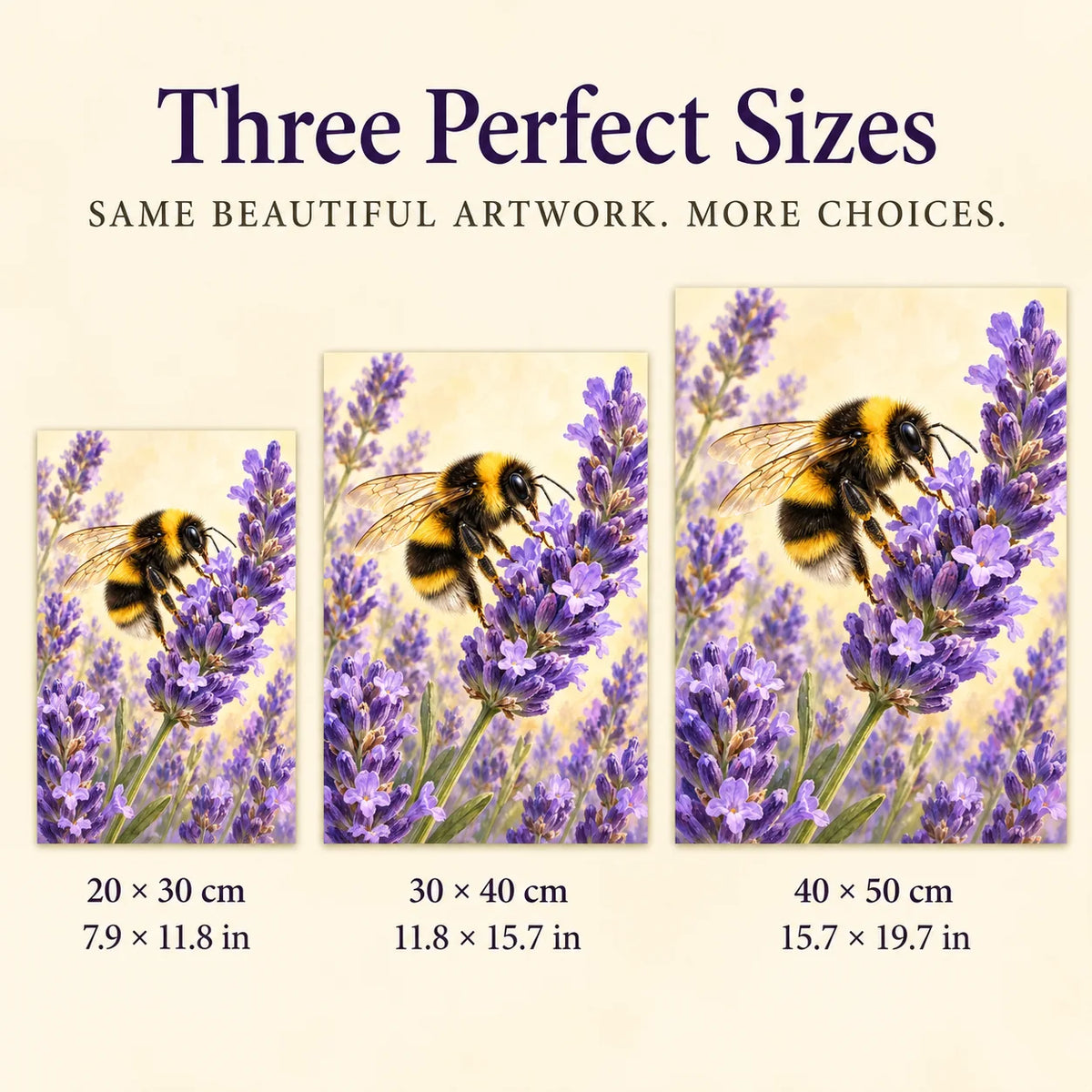Bumblebee among lavender diamond painting shown in 20 by 30, 30 by 40, and 40 by 50 centimeter sizes