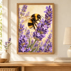 Framed bumblebee among lavender diamond painting displayed in a home interior