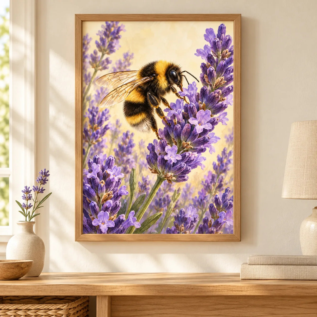 Framed bumblebee among lavender diamond painting displayed in a home interior
