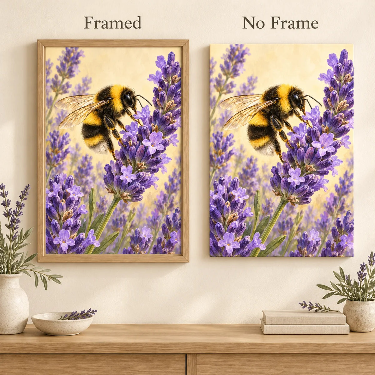 Framed and no-frame options for the bumblebee among lavender diamond painting