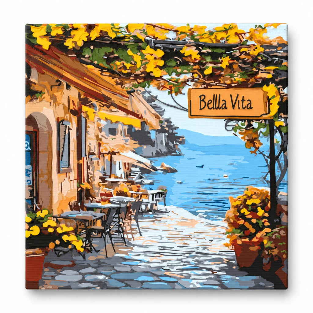 Bella Vita Seaside Street paint by numbers artwork on a front-facing canvas against a white background