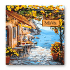 Bella Vita Seaside Street paint by numbers artwork on a front-facing canvas against a white background