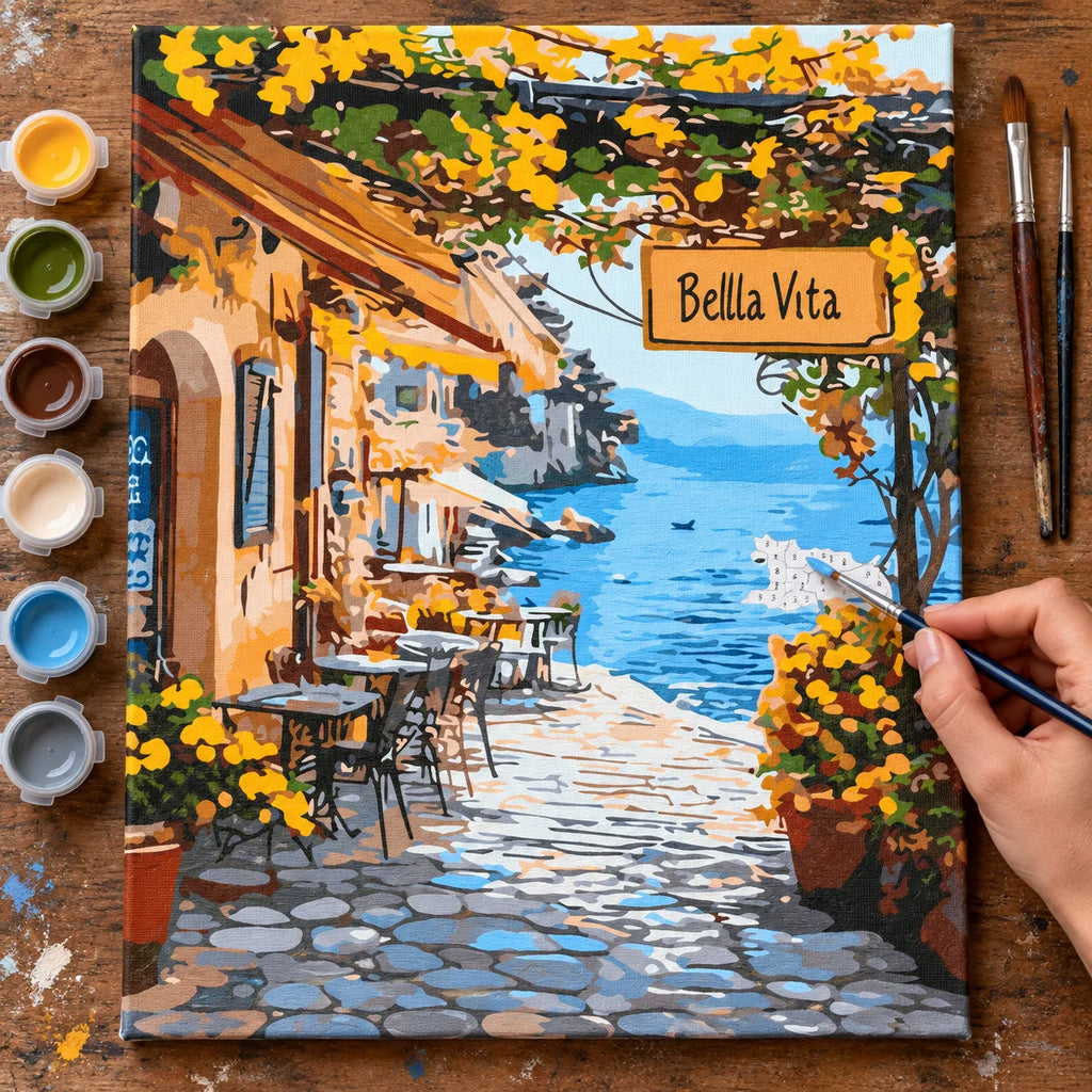 Complete Bella Vita Seaside Street numbered canvas being painted with acrylic paints and brushes
