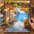 Complete Bella Vita Seaside Street numbered canvas being painted with acrylic paints and brushes