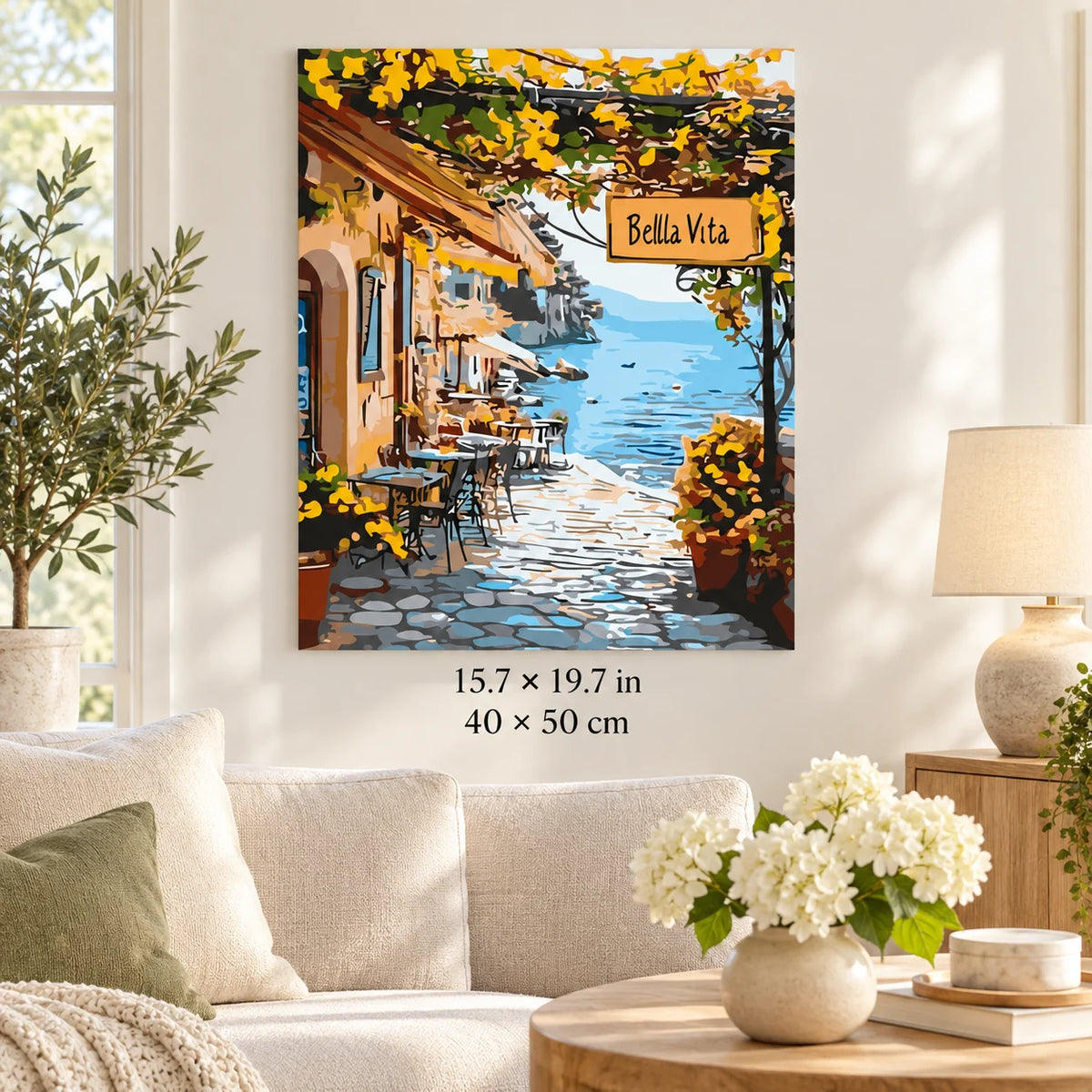 Bella Vita Seaside Street shown in a styled room with 15.7 × 19.7 in and 40 × 50 cm dimensions