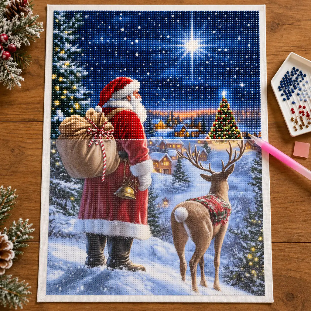 Diamond painting process for beneath the christmas star.