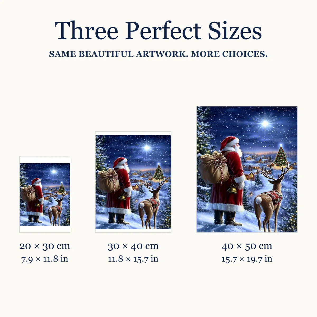 Size guide for Beneath The Christmas Star Diamond Painting Kit: 20 × 30 cm, 30 × 40 cm, and 40 × 50 cm.
