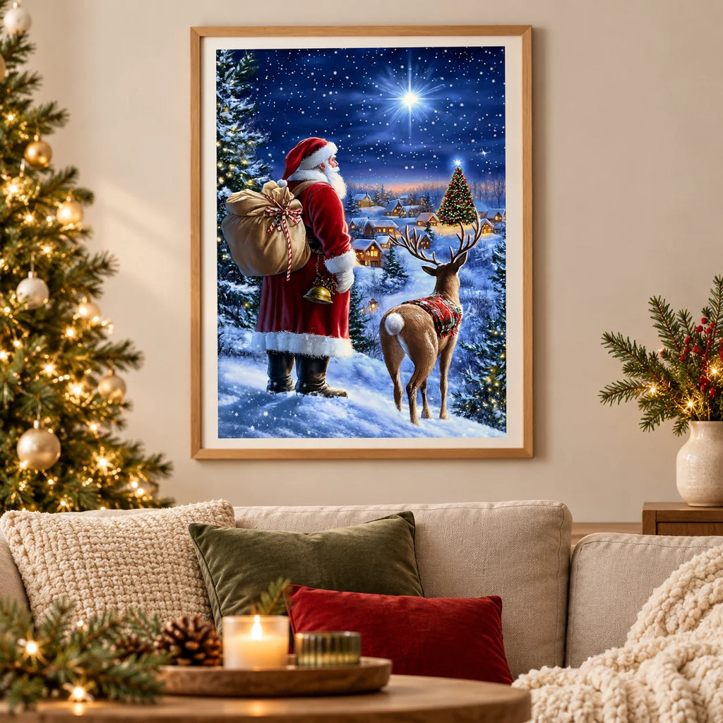 Home decor scene showing beneath the christmas star displayed on a wall.