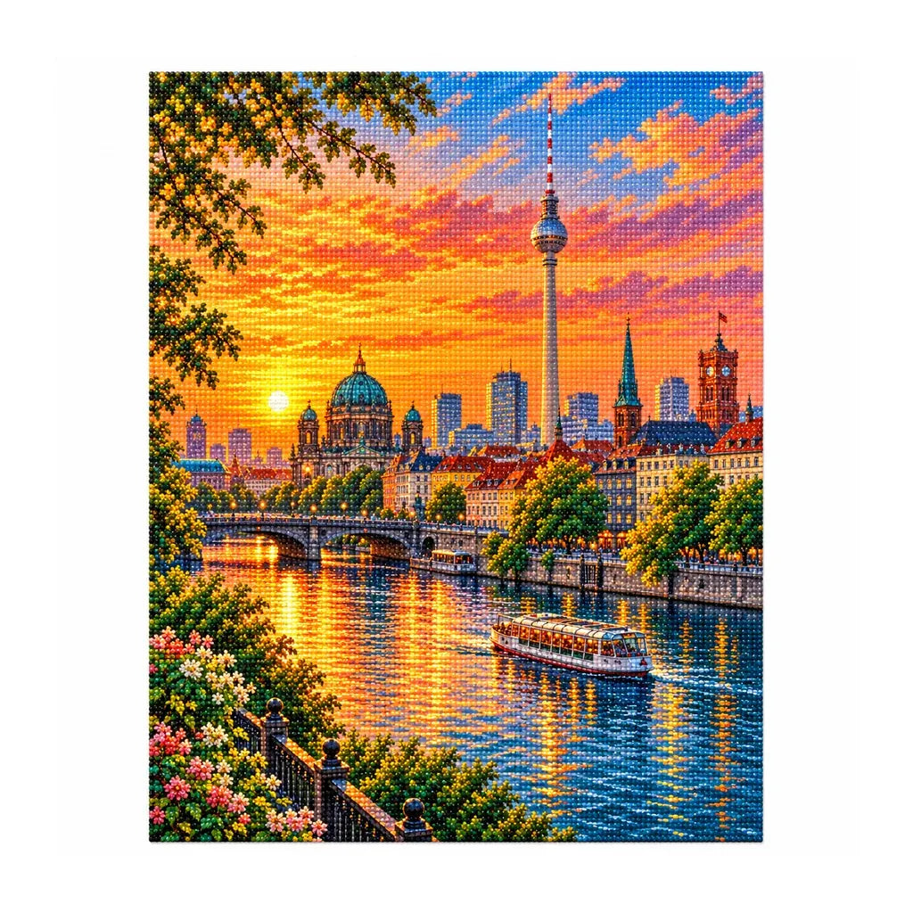 White-background finished diamond painting of Berlin Skyline Spree.