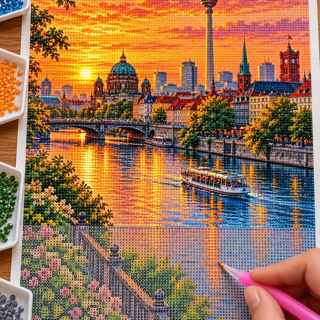 Hands placing diamond drills on the Berlin Skyline Spree design.