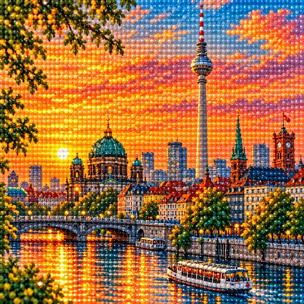 Close-up of drill details in the Berlin Skyline Spree diamond painting.