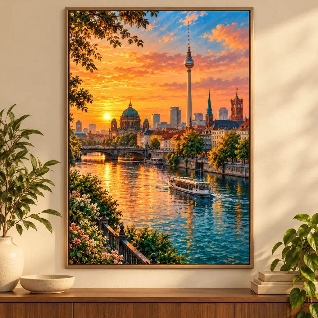 Framed Berlin Skyline Spree diamond painting displayed as home decor.