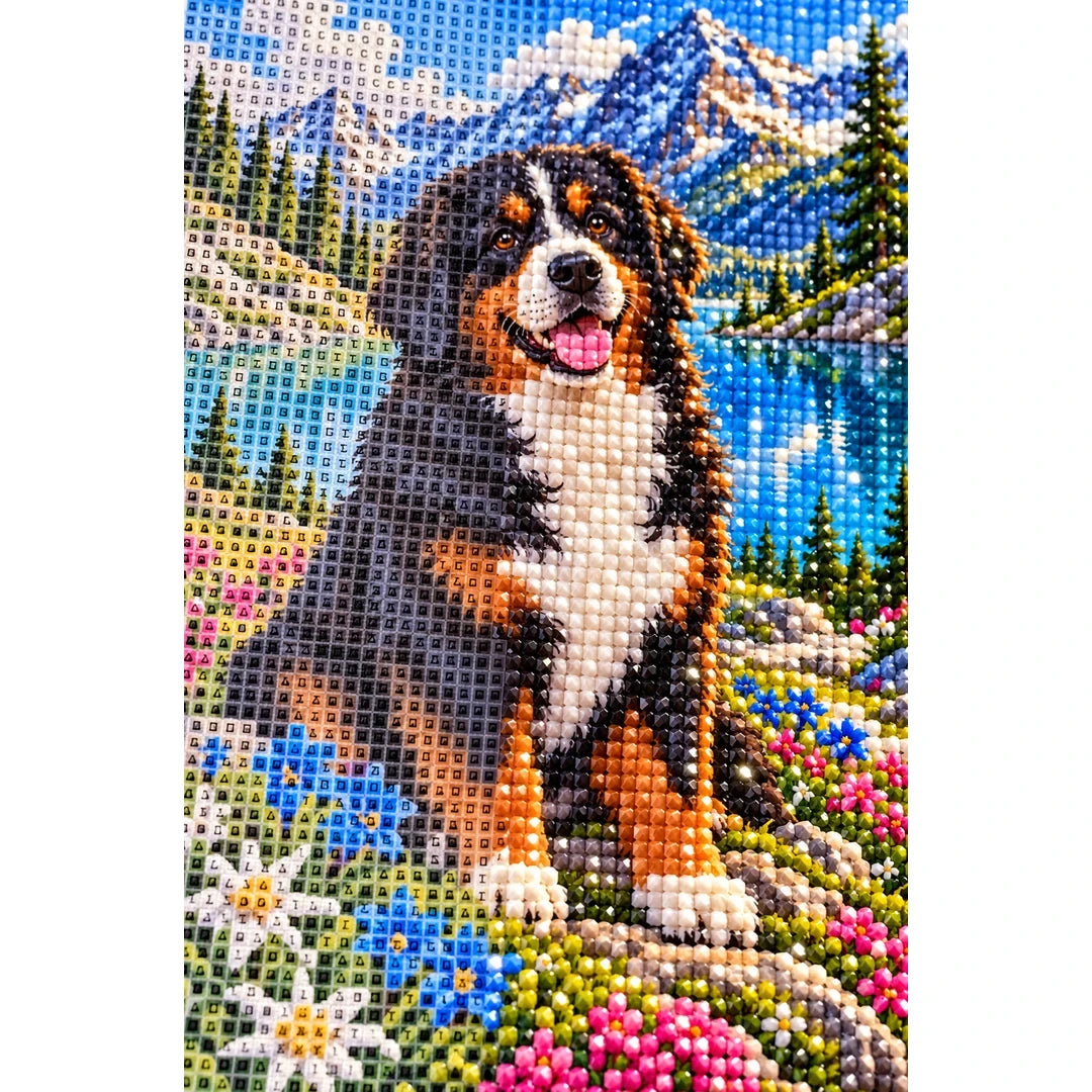 Bernese Mountain Dog Alpine Lake Diamond Painting Kit — canvas and drill material detail