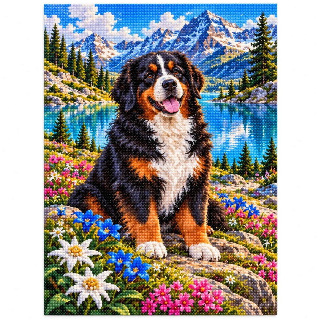 Bernese Mountain Dog Alpine Lake Diamond Painting Kit — finished diamond painting on white background