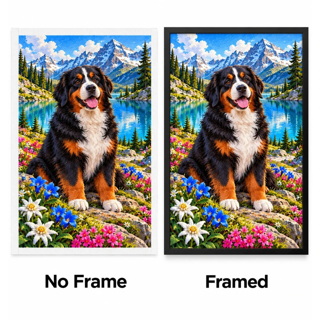 Bernese Mountain Dog Alpine Lake Diamond Painting Kit — No Frame and Framed style comparison
