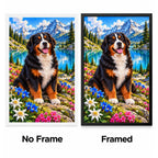 Bernese Mountain Dog Alpine Lake Diamond Painting Kit — No Frame and Framed style comparison