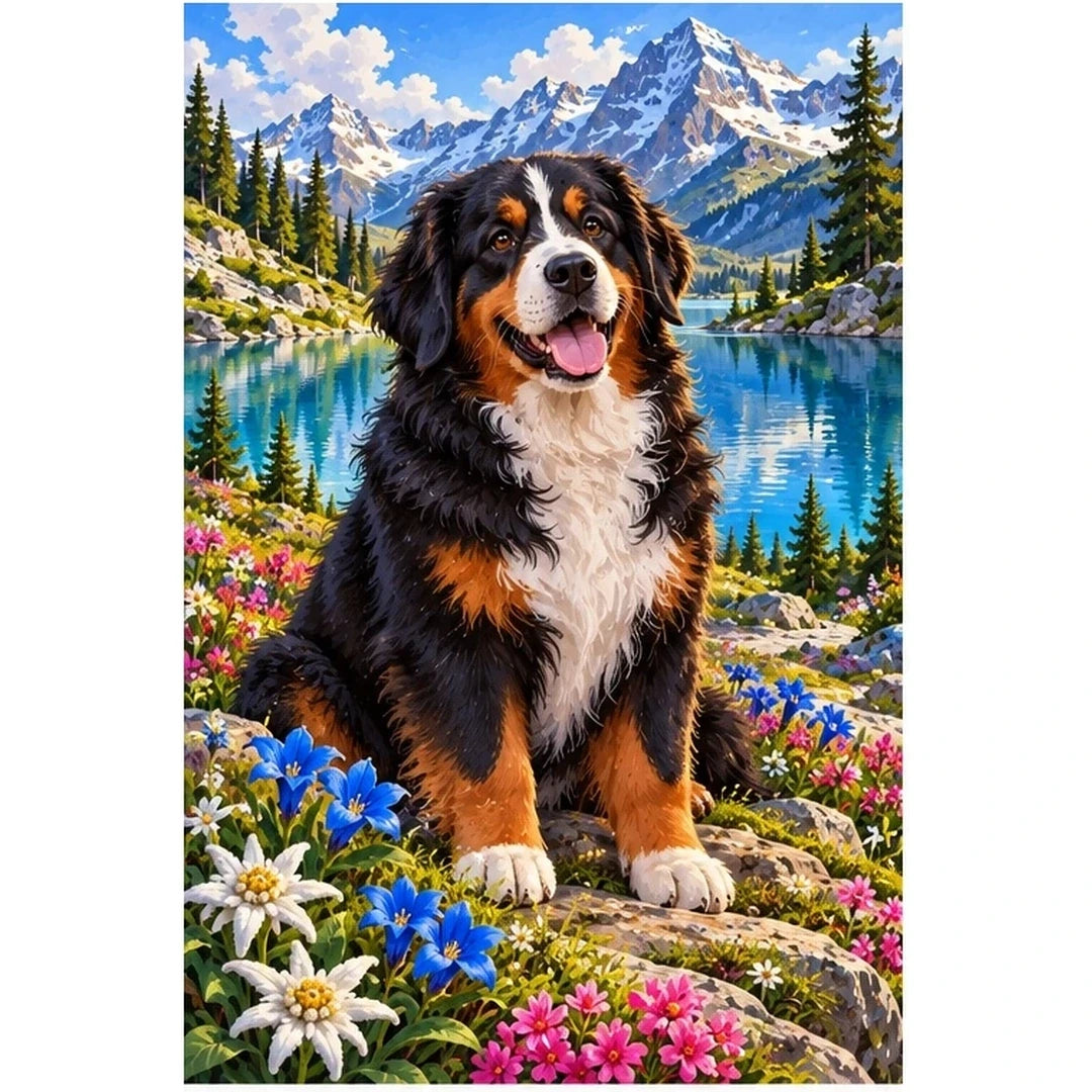 Bernese Mountain Dog Alpine Lake Diamond Painting Kit — original white-background artwork