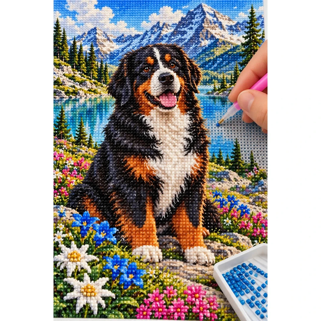 Bernese Mountain Dog Alpine Lake Diamond Painting Kit — diamond painting application process