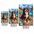 Bernese Mountain Dog Alpine Lake Diamond Painting Kit — 20 by 30, 30 by 40, and 40 by 50 centimeter size guide