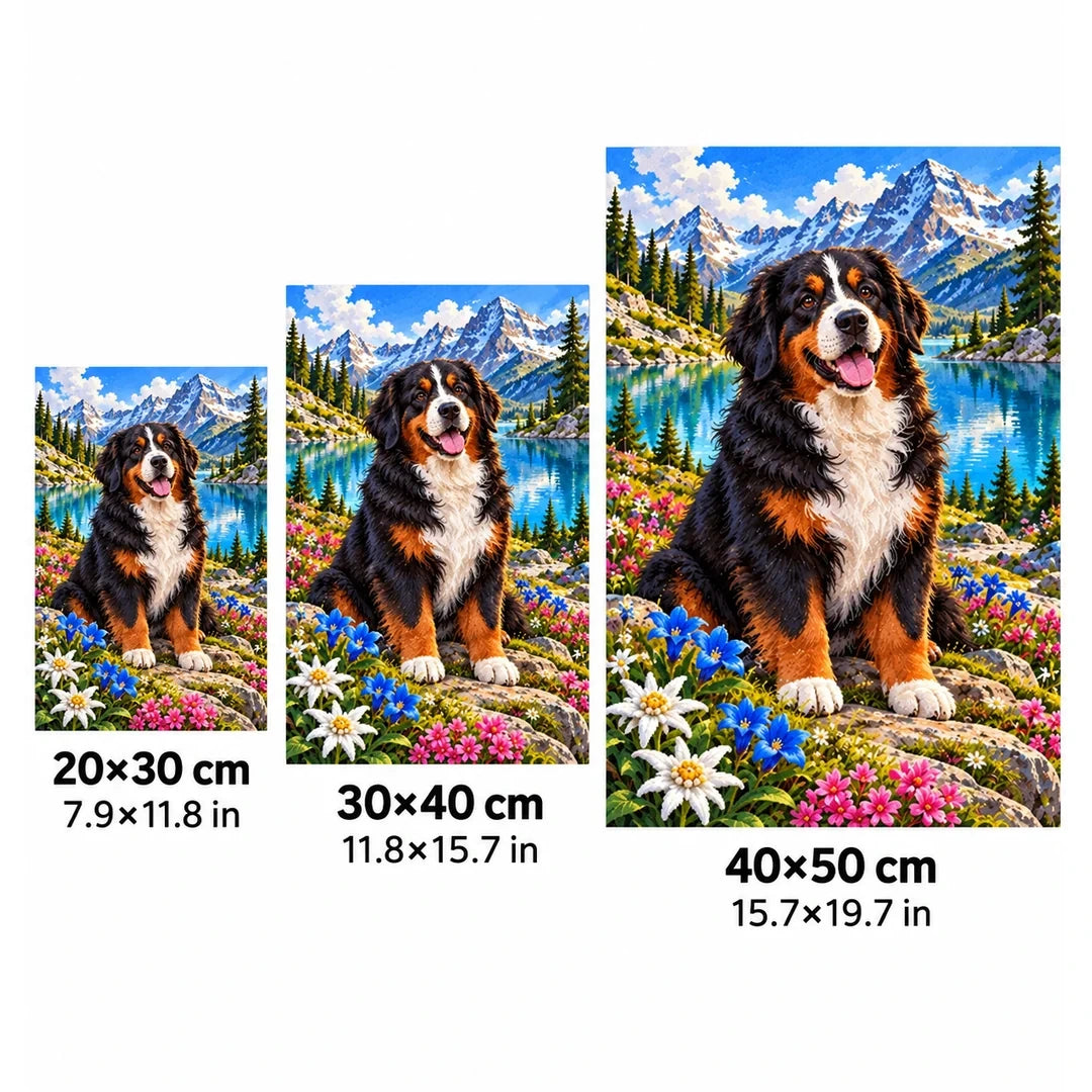 Bernese Mountain Dog Alpine Lake Diamond Painting Kit — 20 by 30, 30 by 40, and 40 by 50 centimeter size guide