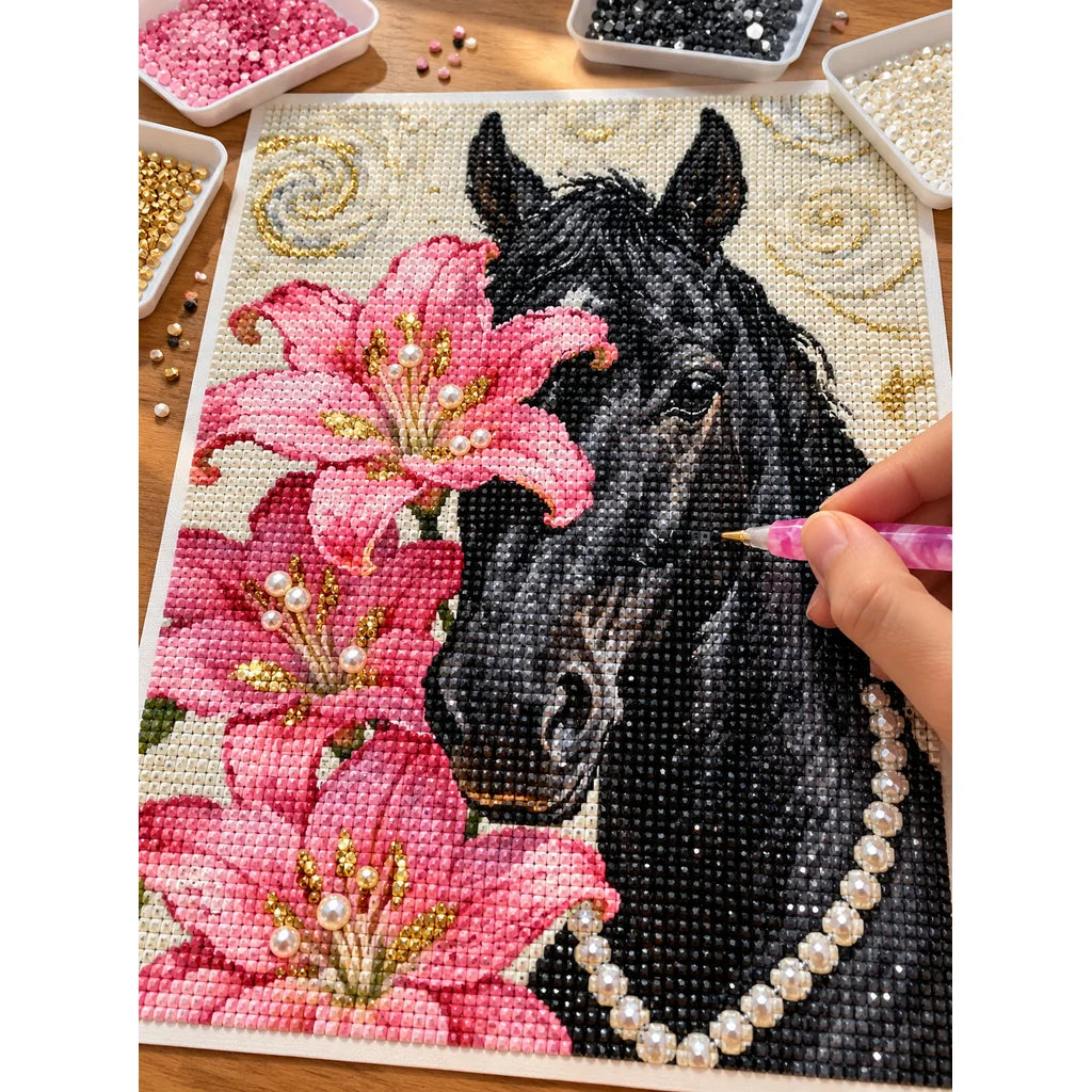 Black Horse with Pink Lilies: process image