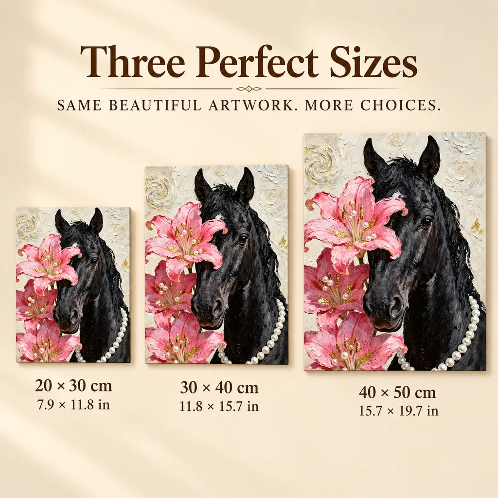 Black Horse with Pink Lilies: sizes image