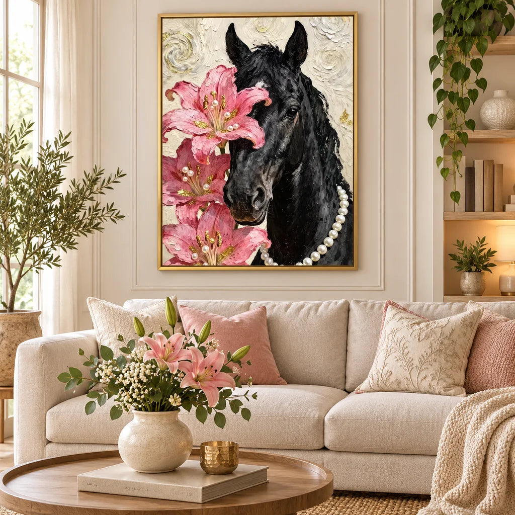 Black Horse with Pink Lilies: scene image