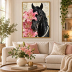 Black Horse with Pink Lilies: scene image