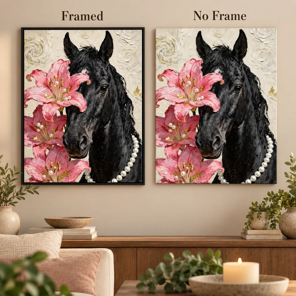 Black Horse with Pink Lilies: frame comparison image