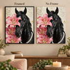 Black Horse with Pink Lilies: frame comparison image