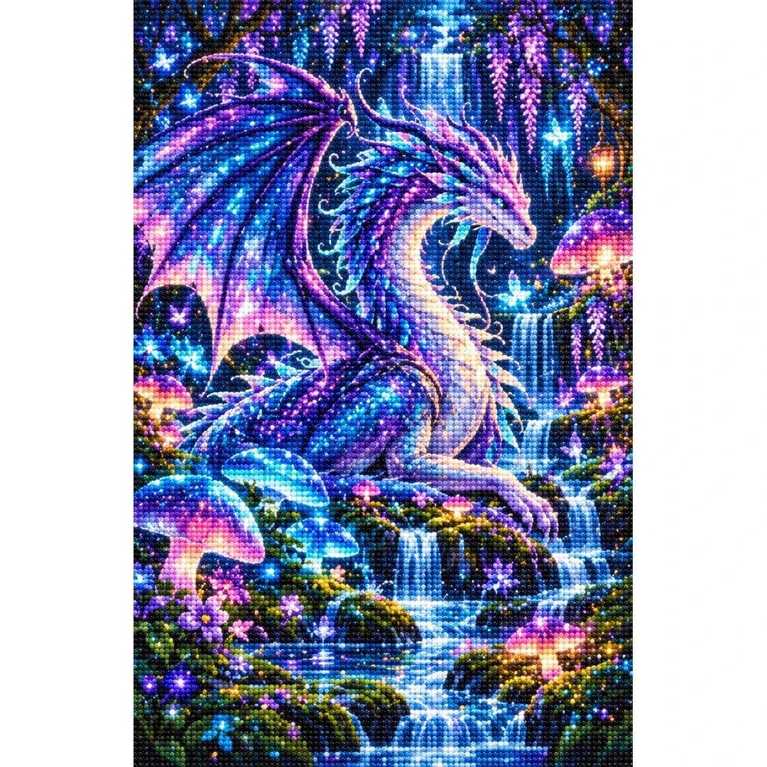 Bioluminescent Dragon Mushroom Forest — finished diamond painting on a white background