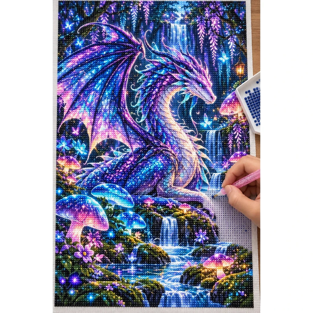 Bioluminescent Dragon Mushroom Forest — diamond painting process with applicator pen