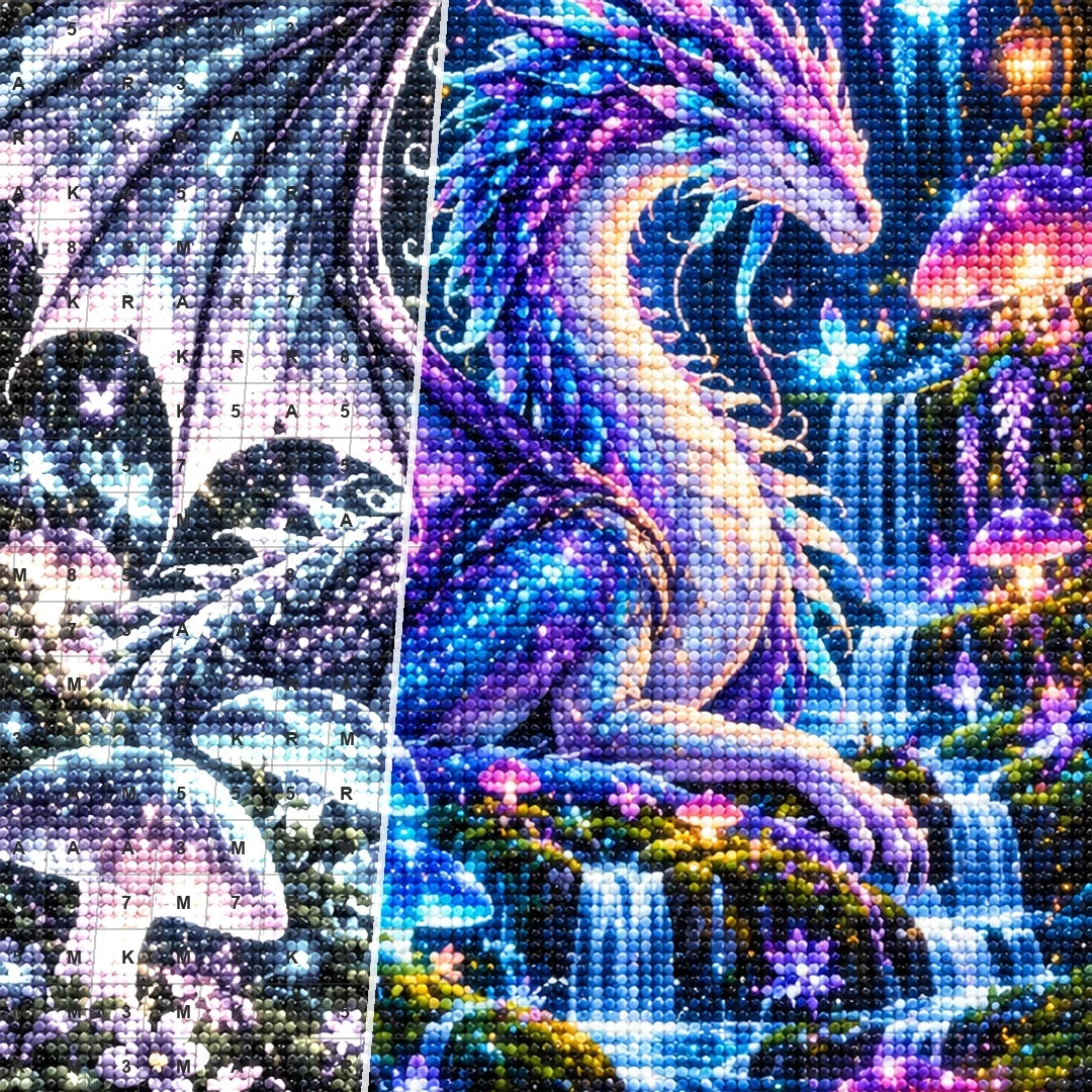 Bioluminescent Dragon Mushroom Forest — close-up canvas and resin drill detail