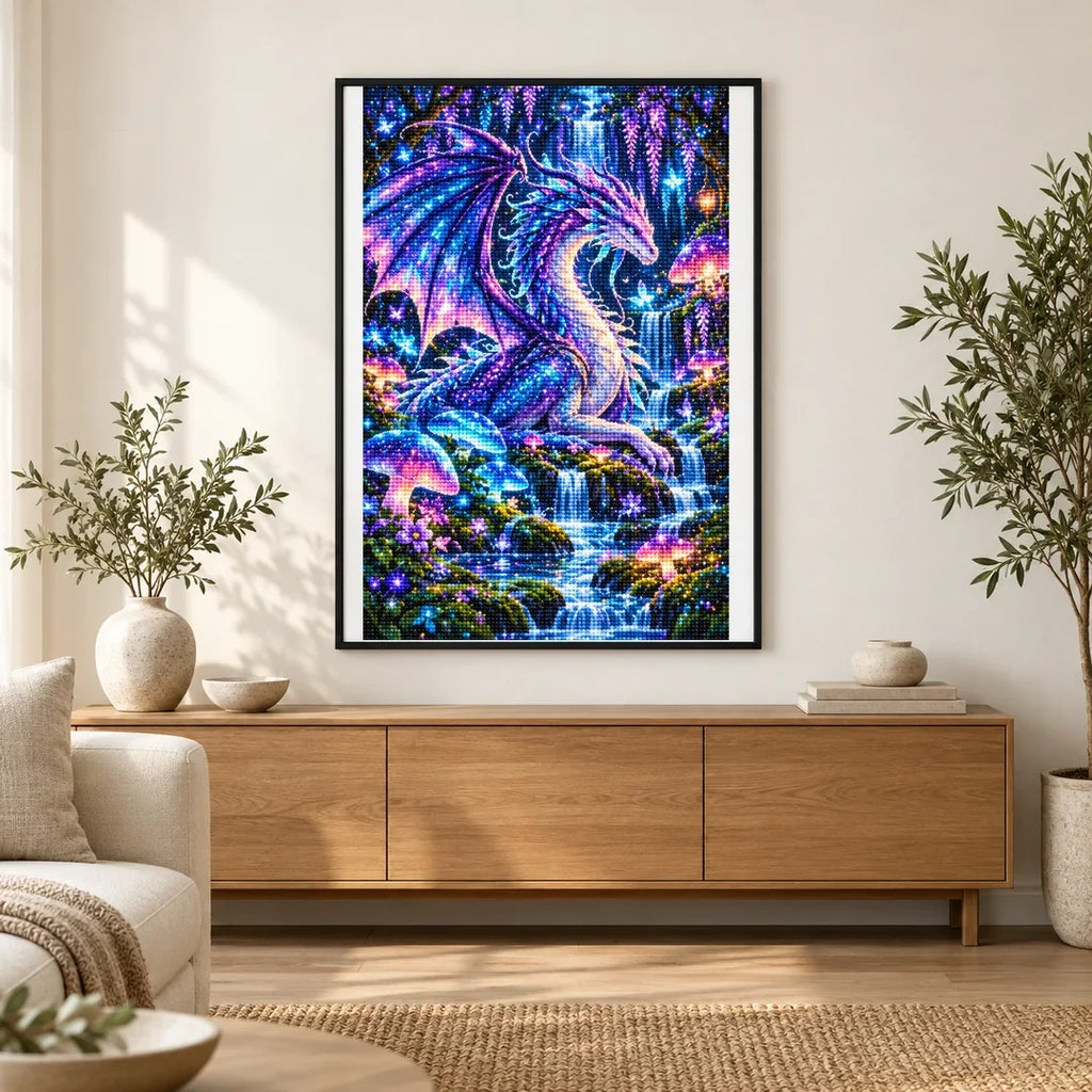 Bioluminescent Dragon Mushroom Forest — finished diamond painting displayed in a home interior
