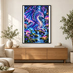 Bioluminescent Dragon Mushroom Forest — finished diamond painting displayed in a home interior