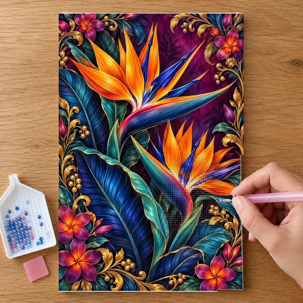 Hands placing drills on the Bird of Paradise Indigo Leaves diamond painting canvas