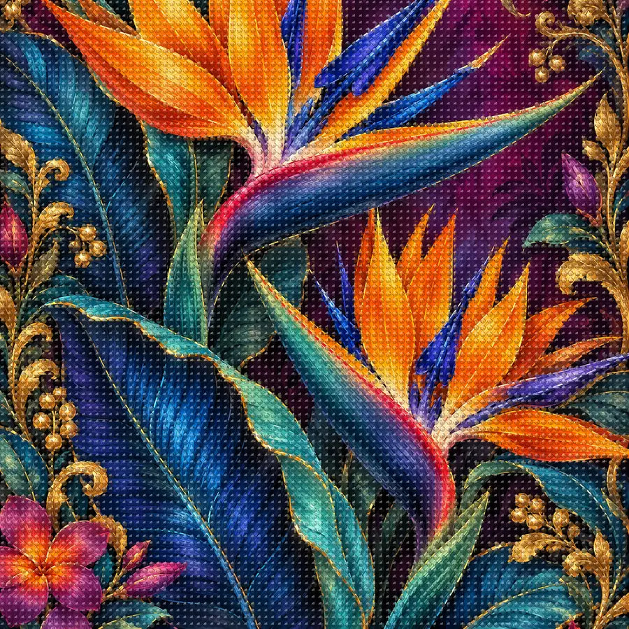 Close-up of sparkling drills on the Bird of Paradise Indigo Leaves design