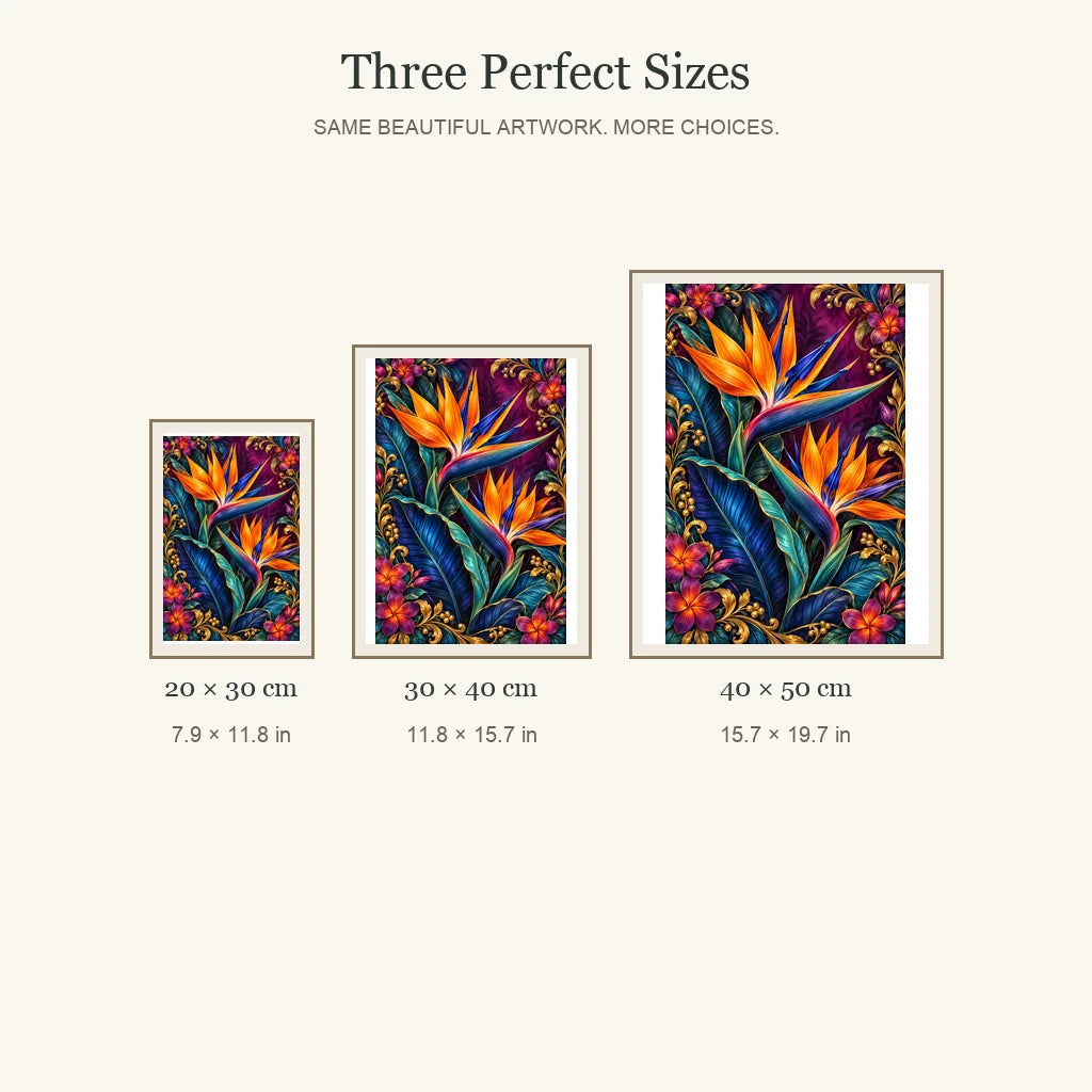 Bird of Paradise Indigo Leaves diamond painting in 20 by 30, 30 by 40, and 40 by 50 centimeter sizes