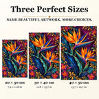 Bird of Paradise Indigo Leaves diamond painting in 20 by 30, 30 by 40, and 40 by 50 centimeter sizes