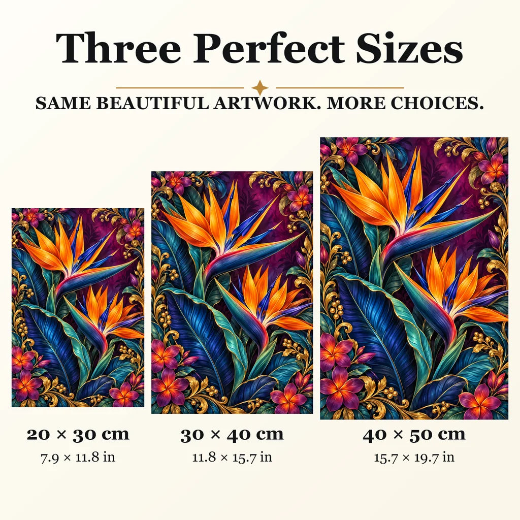Bird of Paradise Indigo Leaves diamond painting in 20 by 30, 30 by 40, and 40 by 50 centimeter sizes
