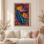 Framed Bird of Paradise Indigo Leaves diamond painting displayed in a home interior