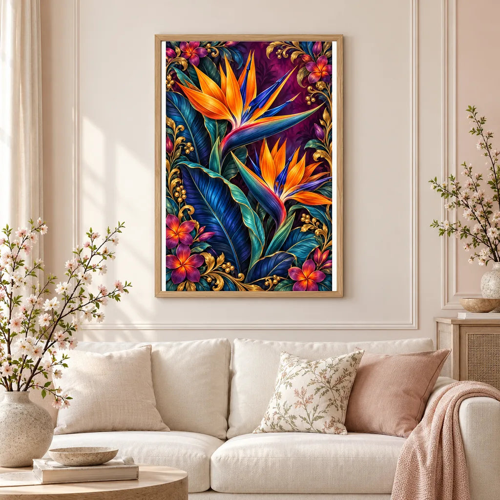 Framed Bird of Paradise Indigo Leaves diamond painting displayed in a home interior